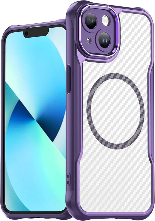 Magnetic carbon fibre case for iPhone 13, support wireless charging, carbon fibre shockproof slim case Purple