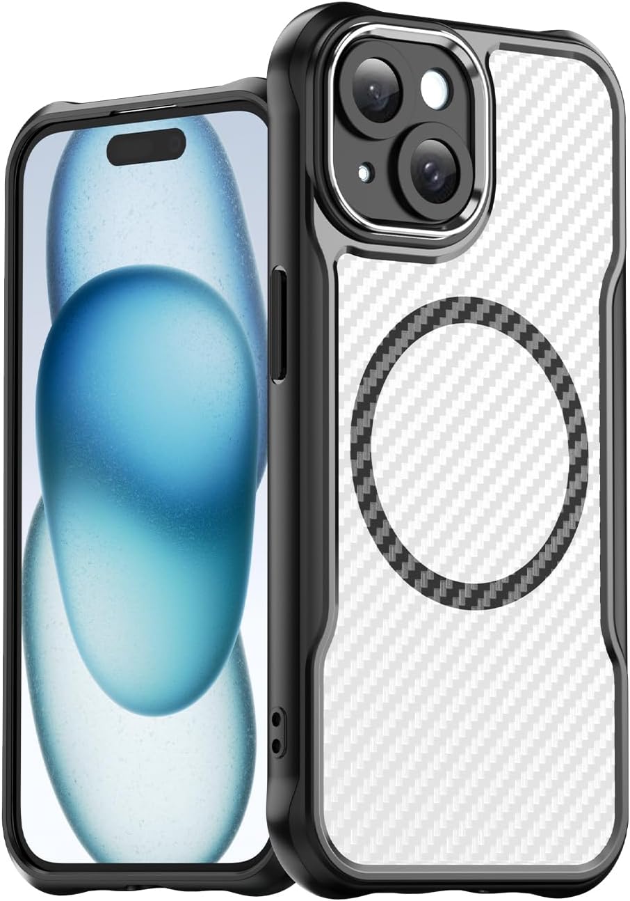 Magnetic carbon fibre case for iPhone 15, support wireless charging, carbon fibre shockproof slim case Blue