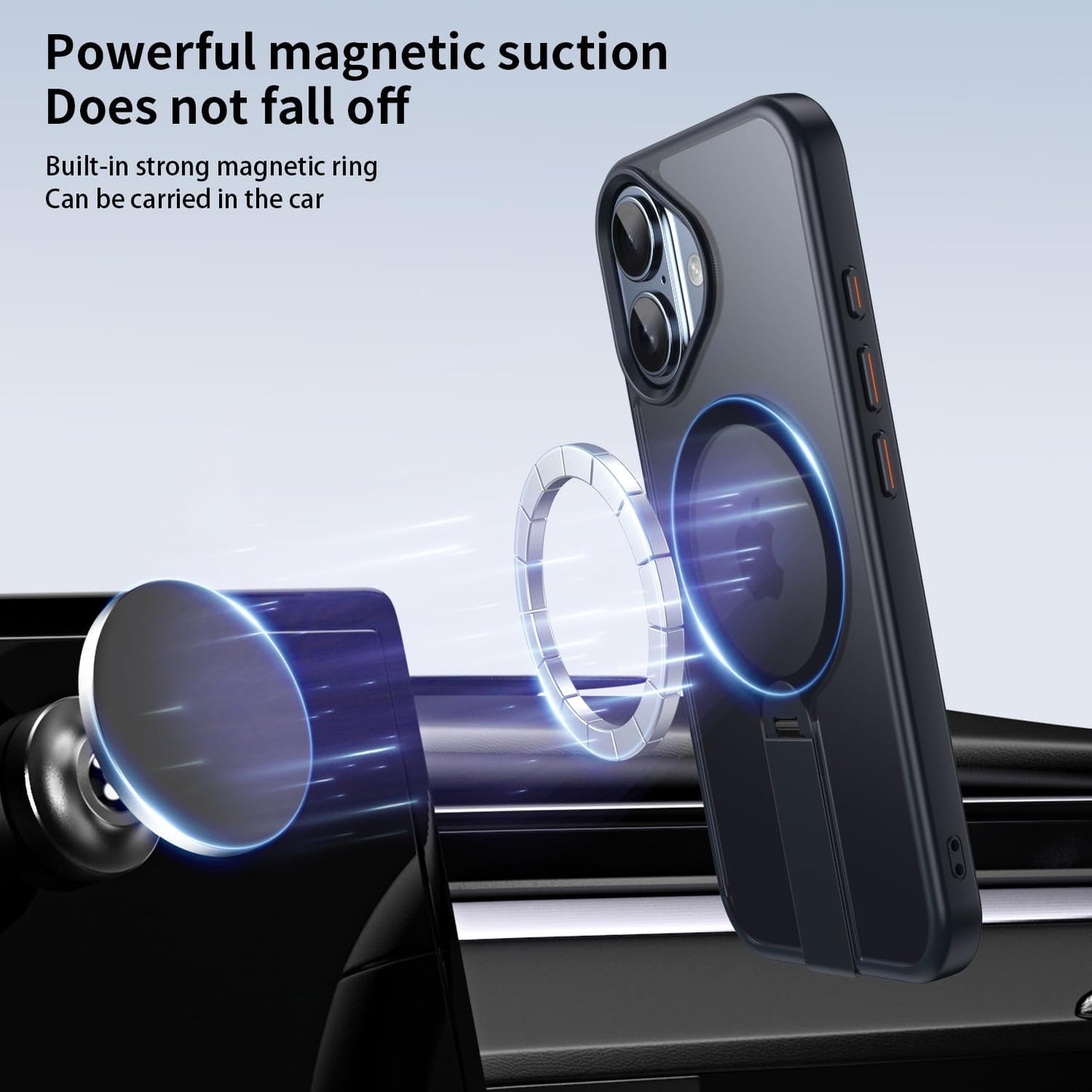Magnetic phone case for iPhone 16, supports wireless charging, 360° rotating invisible bracket, military-grade anti-drop protection Blue