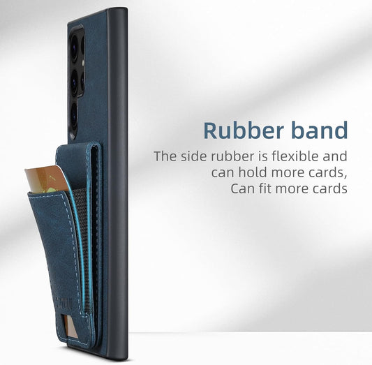 iTape Litchi Texture Phone Case for Samsung Galaxy S23 Ultra - Ultra-thin Simple Card Holder Phone Case with Stand Durable Buffer [Shockproof TPU Inner Shell] Blue