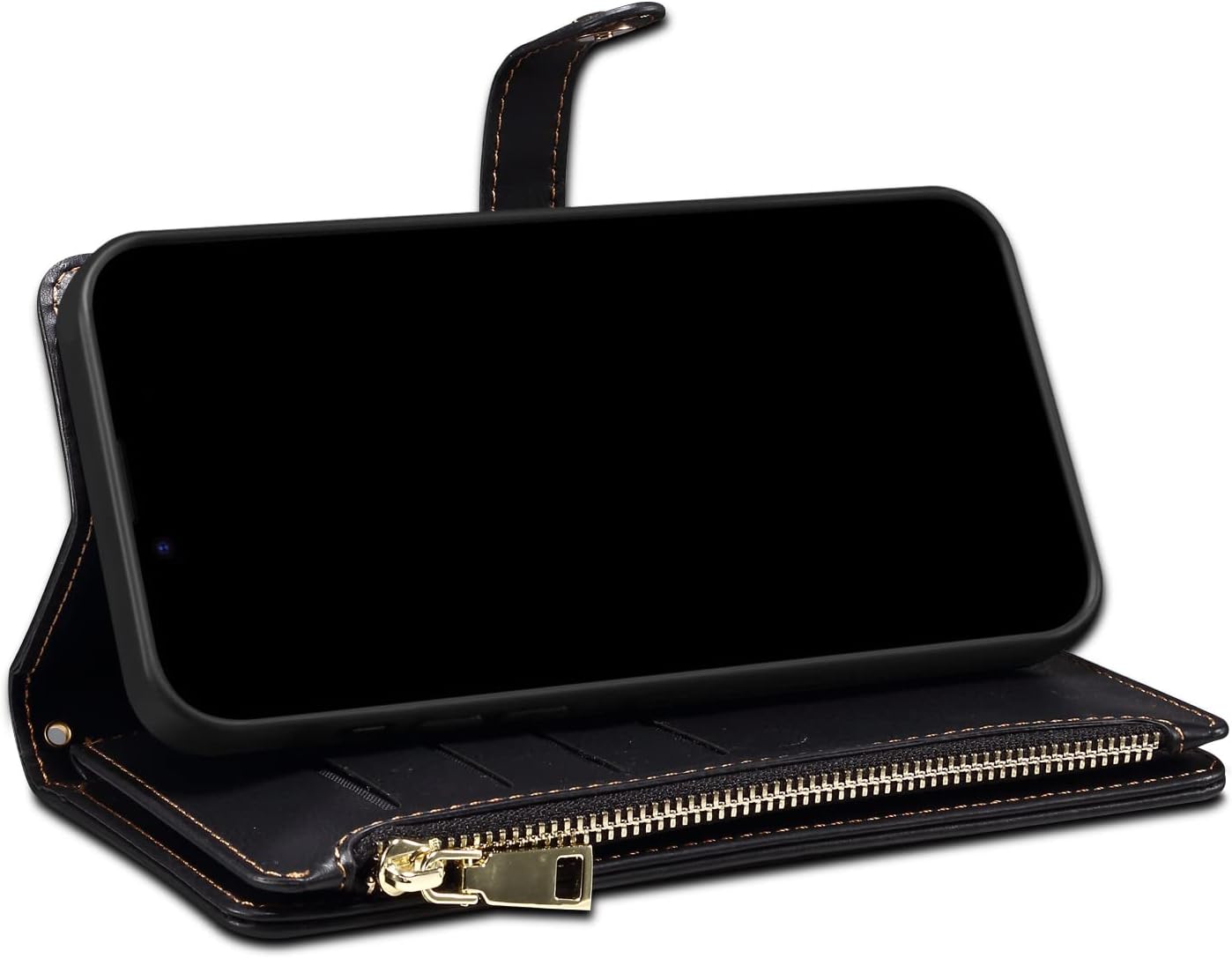 iTape Wallet case for Samsung Galaxy A55-5G, card slot photo frame flip stand phone protective case (RFID anti-theft brush) with wrist strap, cross-body strap Black