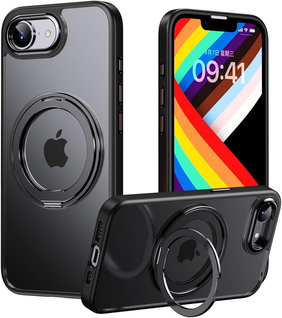Magnetic transparent mobile phone case for iPhone 16E, supports wireless charging, 360° magnetic bracket two-in-one, military anti-fall, car magnetic