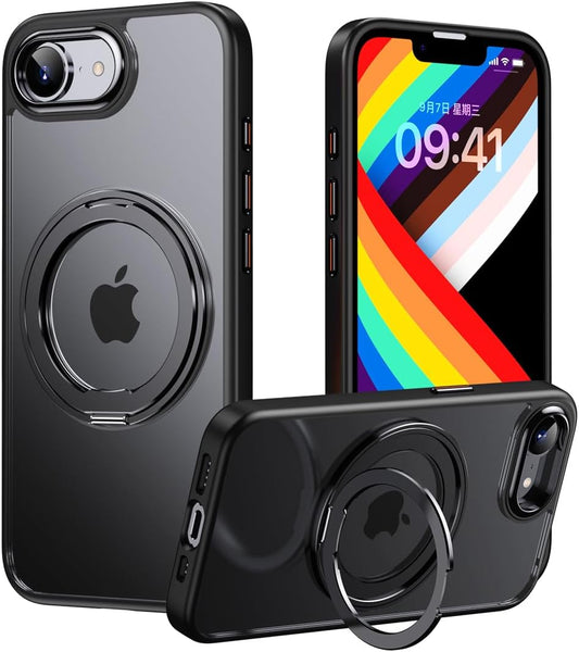 Magnetic transparent mobile phone case for iPhone 16E, supports wireless charging, 360° magnetic bracket two-in-one, military anti-fall, car magnetic