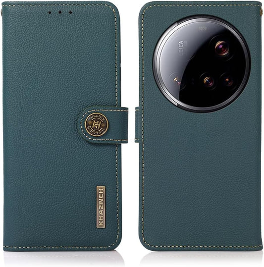 iTape Genuine leather phone case for Xiaomi 15 Ultra, cowhide RFID anti-theft brush phone case with card slot and shockproof flip cover Green