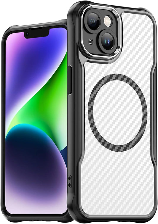 Magnetic carbon fibre case for iPhone 14, support wireless charging, carbon fibre shockproof slim case Black
