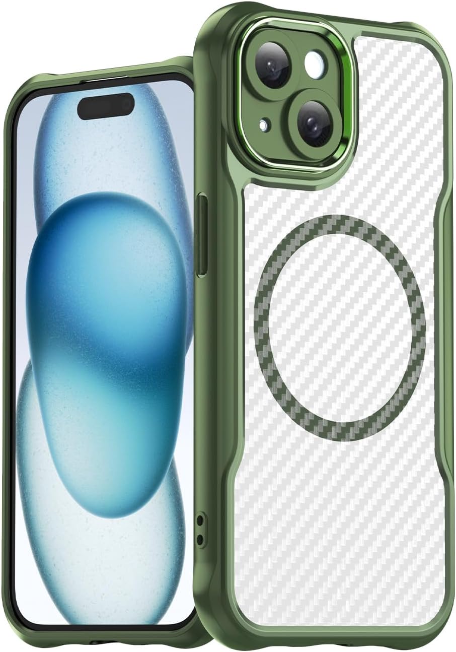 Magnetic carbon fibre case for iPhone 15, support wireless charging, carbon fibre shockproof slim case Blue