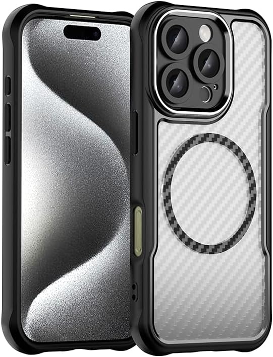 iTape Carbon fiber phone case for iPhone16 Pro, double-layer shockproof airbag anti-drop protective case, heavy-duty ultra-thin TPU shell, supports wireless charging Purple