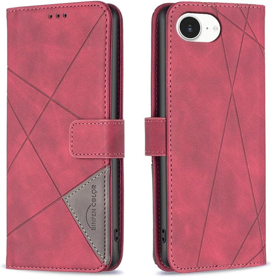 Denim pebbled phone case for iPhone 16E, magnetic buckle wallet case, flip-top stand for shock protection Red