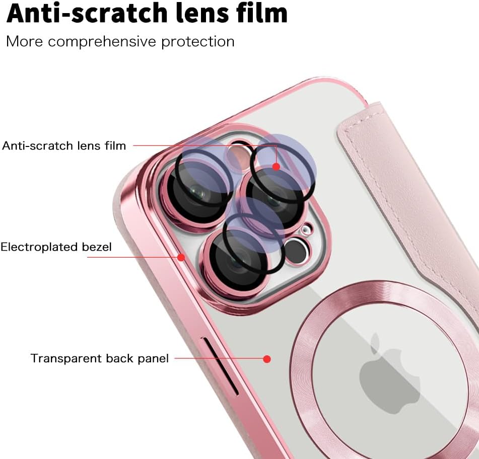 Wallet phone case suitable for iPhone 16 Pro max with [Credit Card Holder][RFID Blocking], compatible with magnetic wireless charging Pink