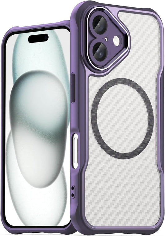 Magnetic carbon fibre case for iPhone 16, support wireless charging, carbon fibre shockproof slim case Purple