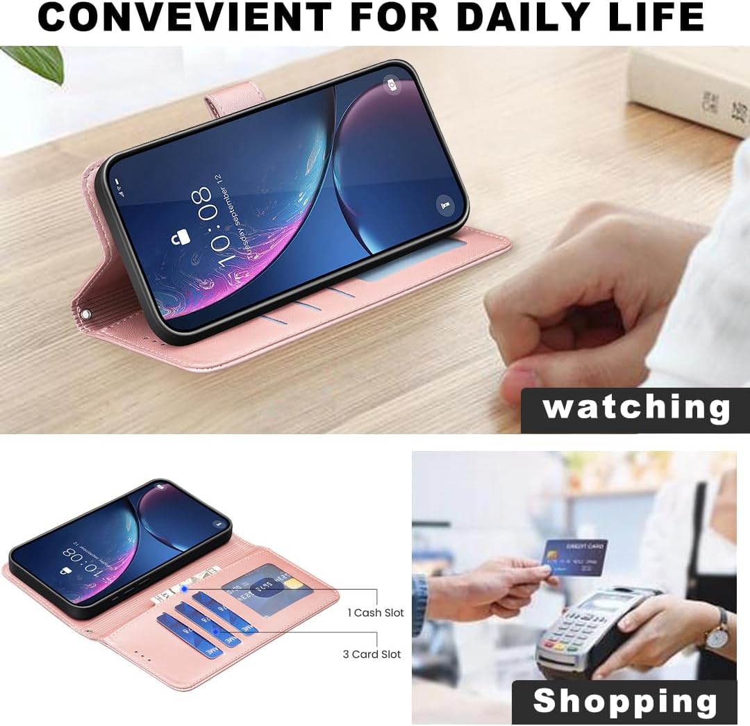 Wallet Leather Case for iPhone 16E, Embossed Four Leaf Clover Design, Magnetic Snap Wallet Case, Flip Shockproof Case Pink