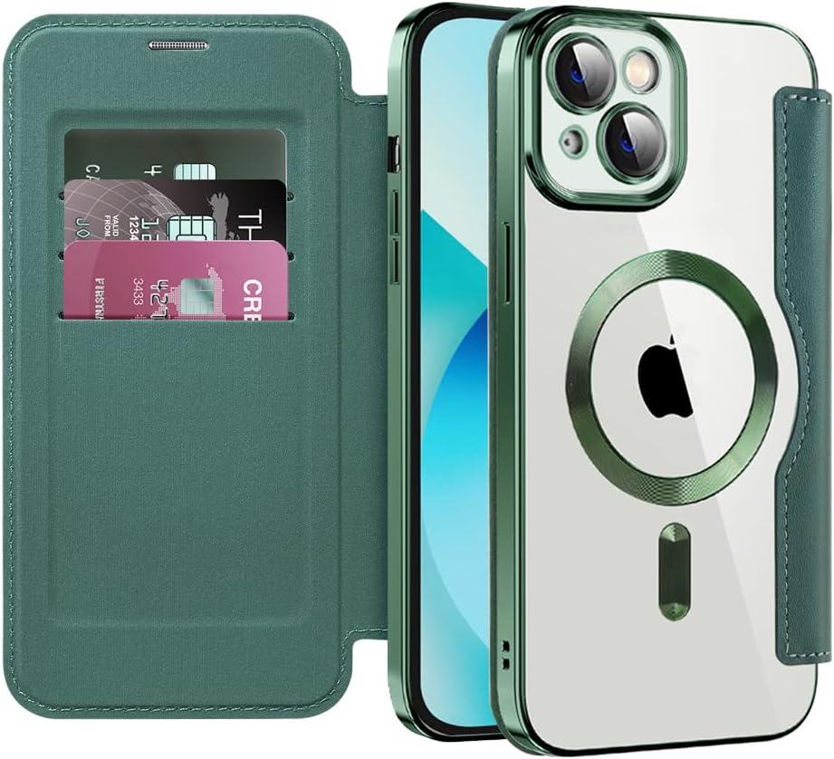 Wallet phone case suitable for iPhone 13 with [Credit Card Holder][RFID Blocking], compatible with magnetic wireless charging Green