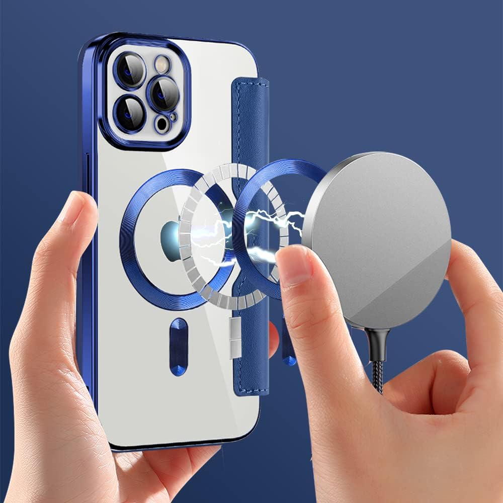 Wallet phone case suitable for iPhone 11 Pro max with [Credit Card Holder][RFID Blocking], compatible with magnetic wireless charging Blue