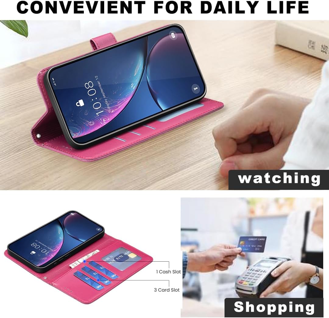 Wallet Leather Case for iPhone 16E, Embossed Four Leaf Clover Design, Magnetic Snap Wallet Case, Flip Shockproof Case Pink