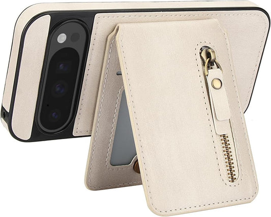iTape Magnetic card holder phone case suitable for Google Pixel 9 Pro, zipper magnetic split magnetic wallet with adjustable bracket