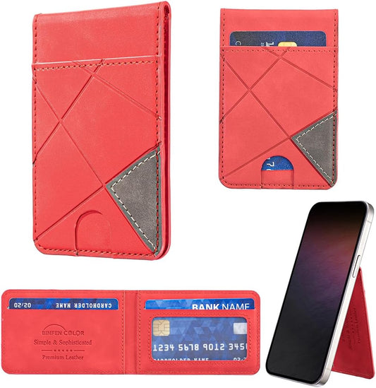 iTape Leather Magnetic Phone Wallet Compatible with Various Phone Models Android and iOS, Magnetic card holder with vertical prism Ultra-thin Trifold Wallet Card Holder Flip Stand Red