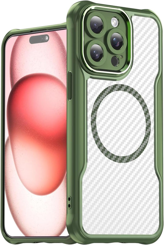 Magnetic carbon fibre case for iPhone 15 Pro max, support wireless charging, carbon fibre shockproof slim case Green