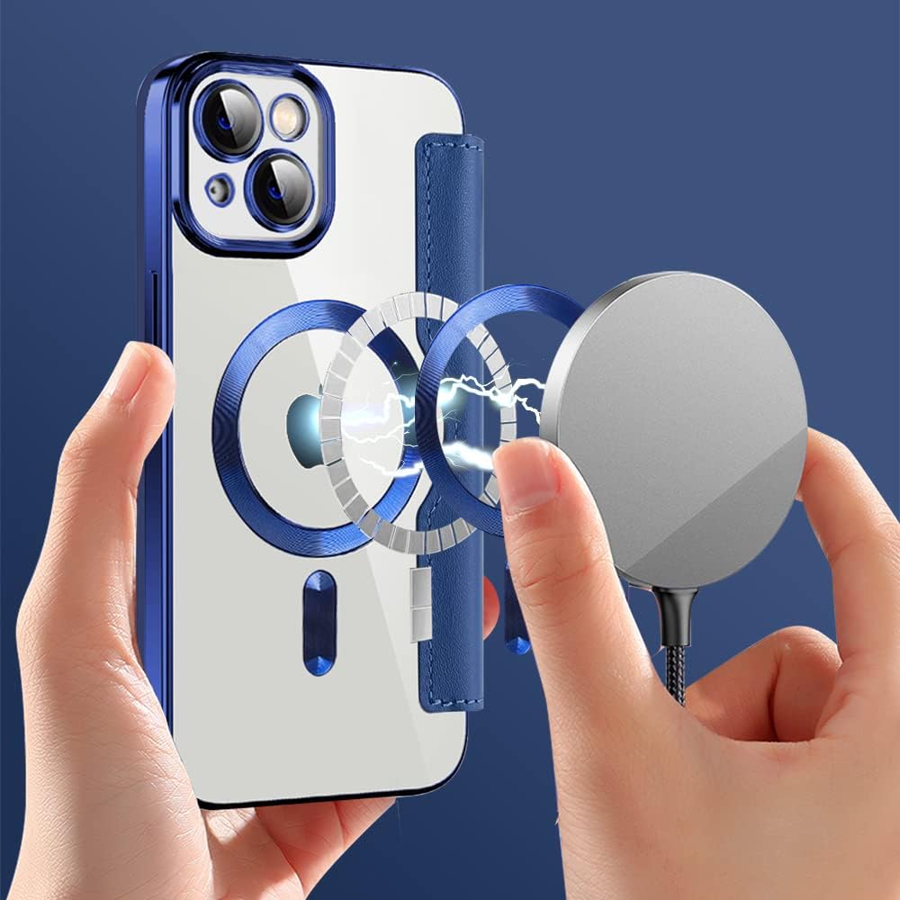 Wallet phone case suitable for iPhone 13 with [Credit Card Holder][RFID Blocking], compatible with magnetic wireless charging Green