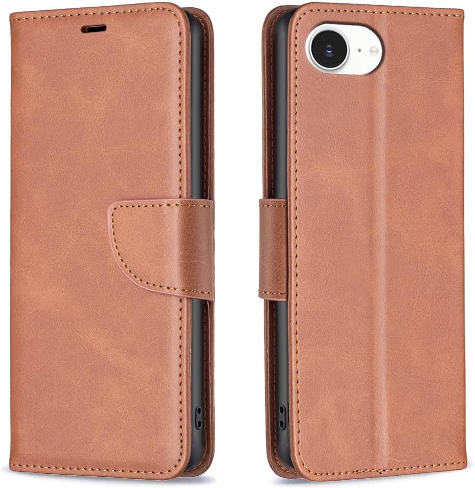 Solid lambskin leather phone case for iPhone 16E, snap wallet style case, flip stand shock protection Yellow