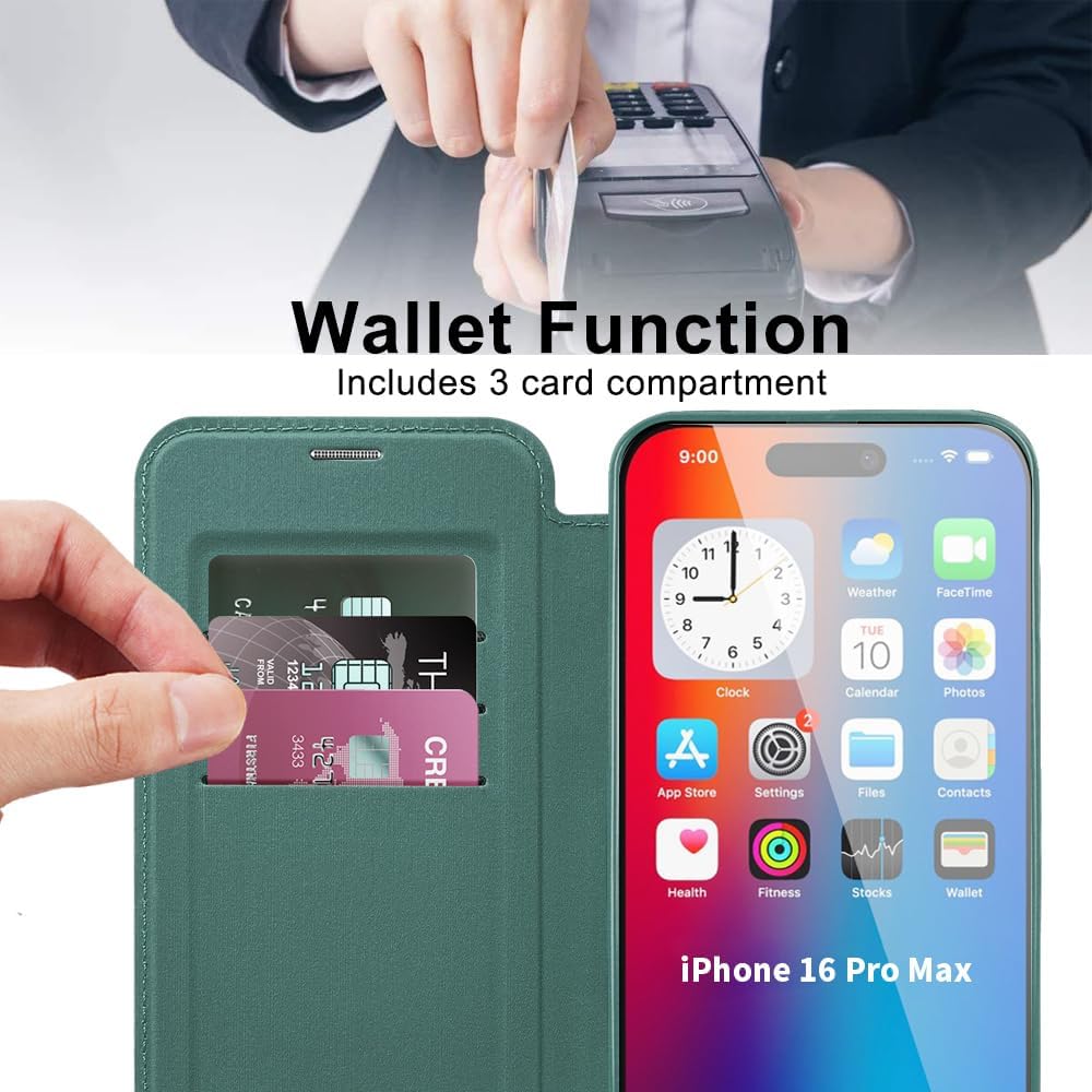 Wallet phone case suitable for iPhone 16 Pro max with [Credit Card Holder][RFID Blocking], compatible with magnetic wireless charging Pink
