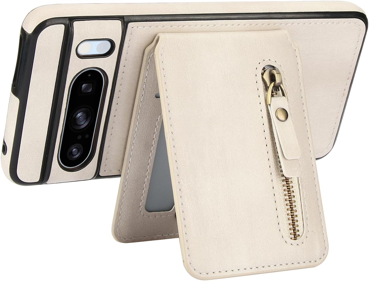 iTape Magnetic card holder phone case suitable for Google Pixel 8 Pro, zipper magnetic split magnetic wallet with adjustable bracket Brown