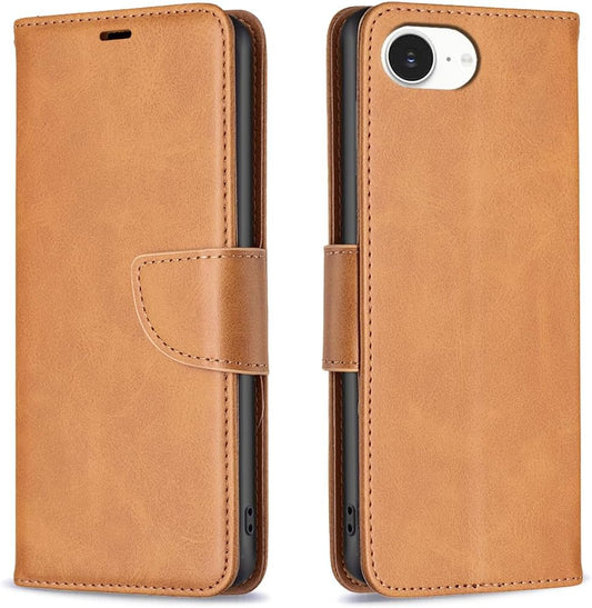 Solid lambskin leather phone case for iPhone 16E, snap wallet style case, flip stand shock protection Yellow