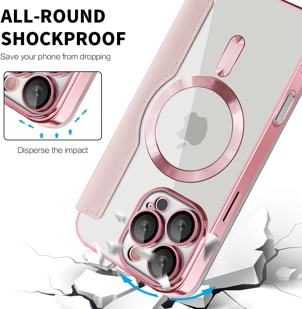 Wallet phone case suitable for iPhone 16 Pro max with [Credit Card Holder][RFID Blocking], compatible with magnetic wireless charging Pink