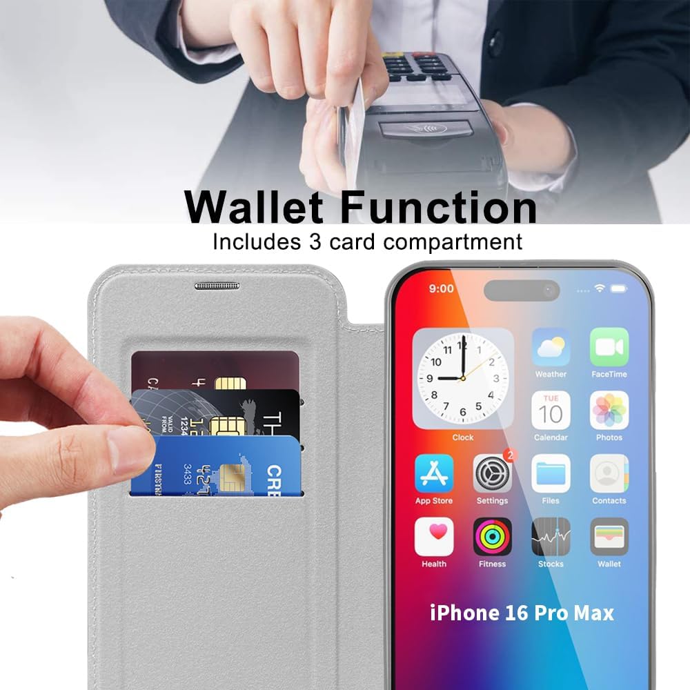 Wallet phone case suitable for iPhone 16 Pro max with [Credit Card Holder][RFID Blocking], compatible with magnetic wireless charging Pink