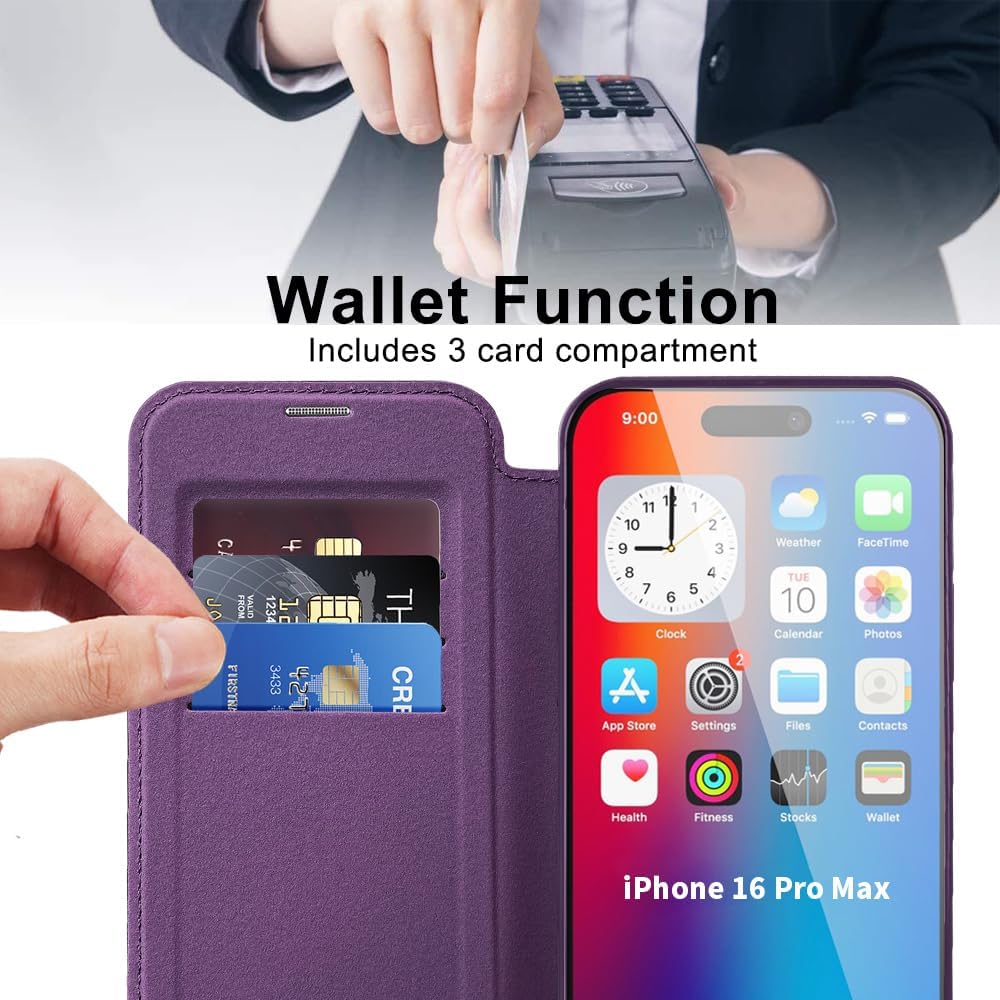 Wallet phone case suitable for iPhone 16 Pro max with [Credit Card Holder][RFID Blocking], compatible with magnetic wireless charging Pink