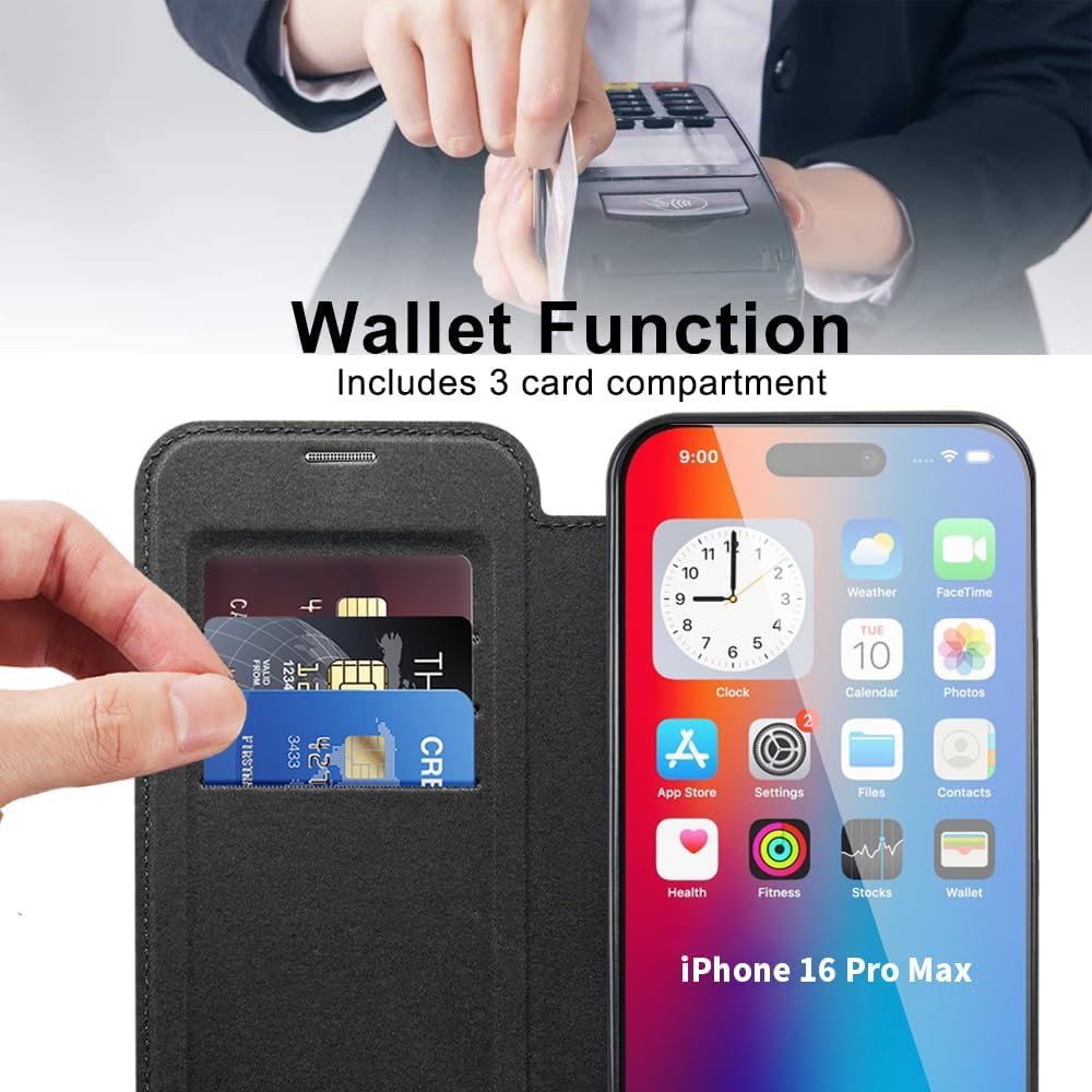 Wallet phone case suitable for iPhone 16 Pro max with [Credit Card Holder][RFID Blocking], compatible with magnetic wireless charging Pink