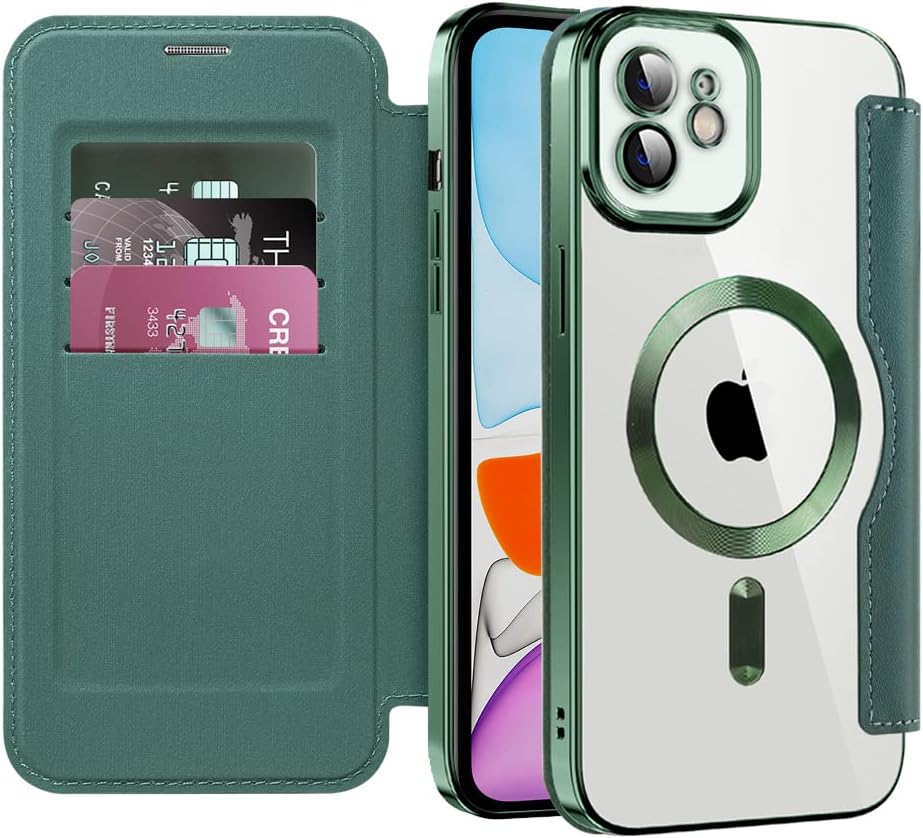 Wallet phone case suitable for iPhone 11 with [Credit Card Holder][RFID Blocking], compatible with magnetic wireless charging Green