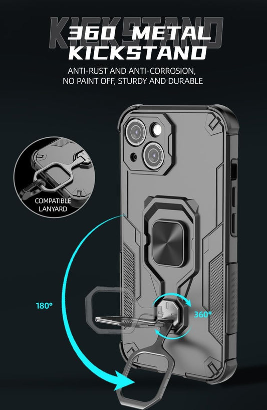 Magnetic bracket mobile phone case for iPhone 14, military-grade four-corner airbag shockproof protection mobile phone case, 360° metal bracket compatible with finger ring buckle Black