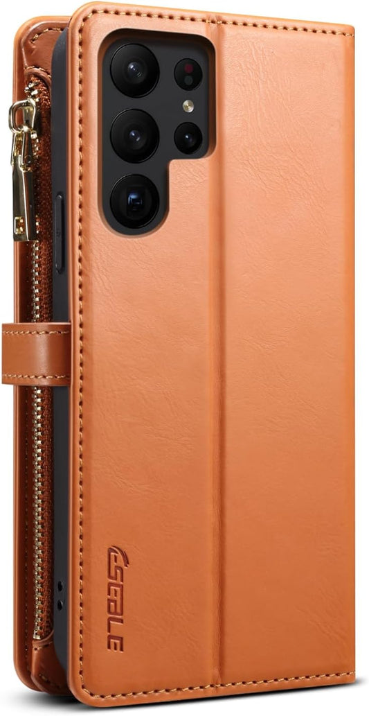 iTape Wallet case for Samsung Galaxy S24 Ultra, card slot photo frame flip stand phone protective case (RFID anti-theft brush) with wrist strap, cross-body strap Orange