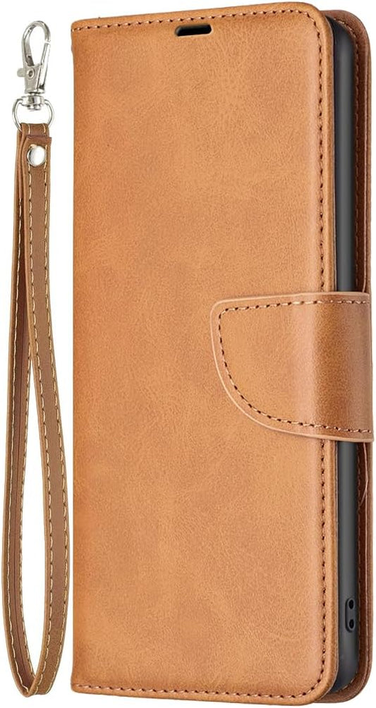 Solid lambskin leather phone case for iPhone 16E, snap wallet style case, flip stand shock protection Yellow