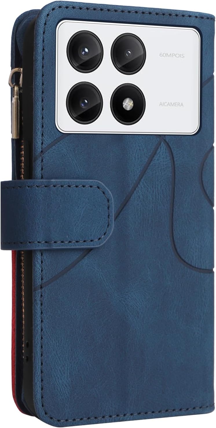 iTape 9 Card Slots Phone Case for Xiaomi POCO X6 PRO 5G, Zipper Wallet, Dual Color Stitching Color Flip Stand Card Slots Cash Clip Shockproof, Wrist Strap Black