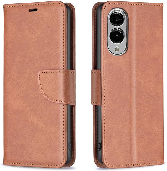 iTape Solid lambskin leather phone case for Samsung Galaxy S25 Edge, snap wallet style case, flip stand shock protection Brown
