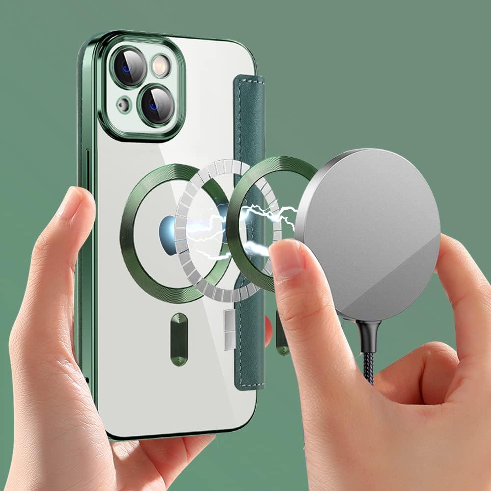 Wallet phone case suitable for iPhone 13 with [Credit Card Holder][RFID Blocking], compatible with magnetic wireless charging Green