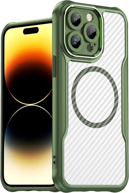 Magnetic carbon fibre case for iPhone 14 Pro max, support wireless charging, carbon fibre shockproof slim case Green