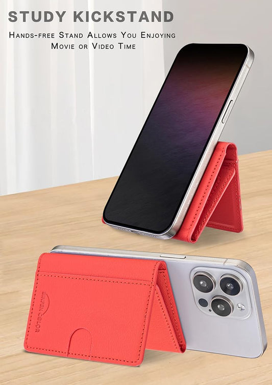 iTape Leather Magnetic Phone Wallet Compatible with Various Phone Models Android and iOS, Solid Color Magnetic Card Holder Ultra-thin Trifold Wallet Card Holder Flip Stand Red