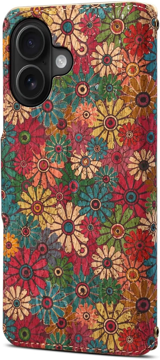 Retro Floral Pattern Phone Case for iPhone 16, Soft Touch Flip Stand Phone Case, Wallet Card Slot, Compatible with iPhone 16