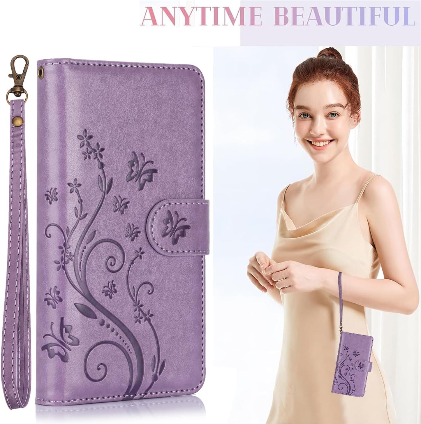 Orchid Butterfly Phone Case for iPhone 16 with Multiple Card Slots Wallet, Magnetic Closure Bracket, Shockproof Protective Phone Case Wristband