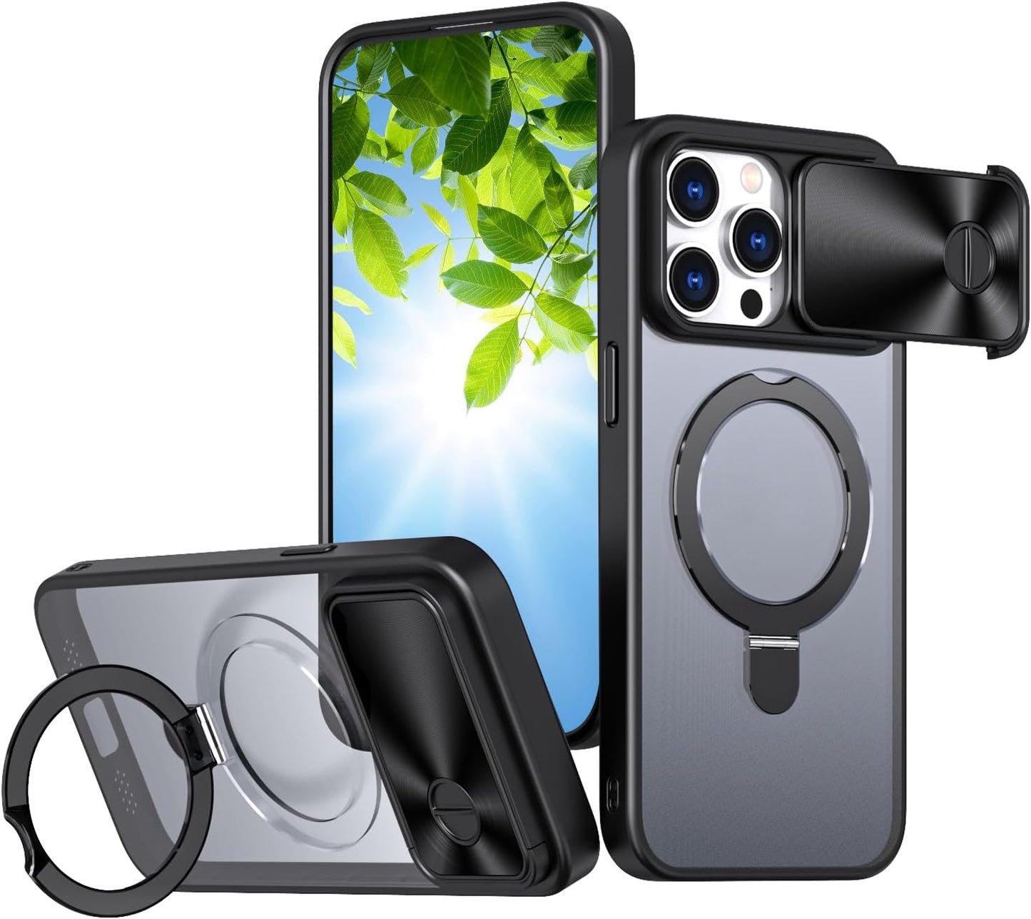 Magnetic mobile phone case for iPhone 15 Pro max, 360° rotating bracket supports wireless charging, camera sliding window protection, shockproof ultra-thin shell
