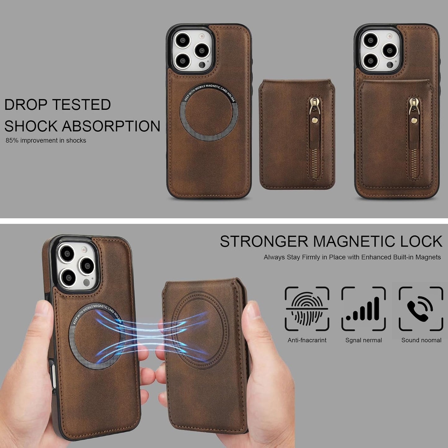 Magnetic card holder phone case suitable for iPhone 16 Pro, zipper magnetic split magnetic wallet with adjustable bracket Brown