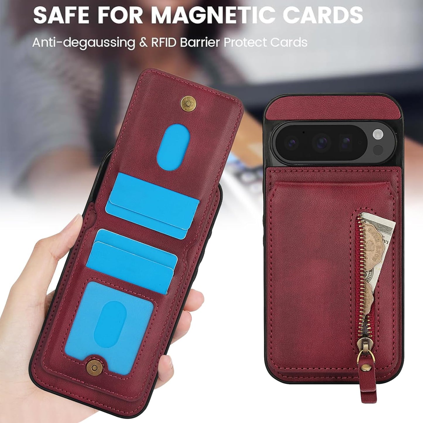 iTape Magnetic card holder phone case suitable for Google Pixel 9 Pro, zipper magnetic split magnetic wallet with adjustable bracket