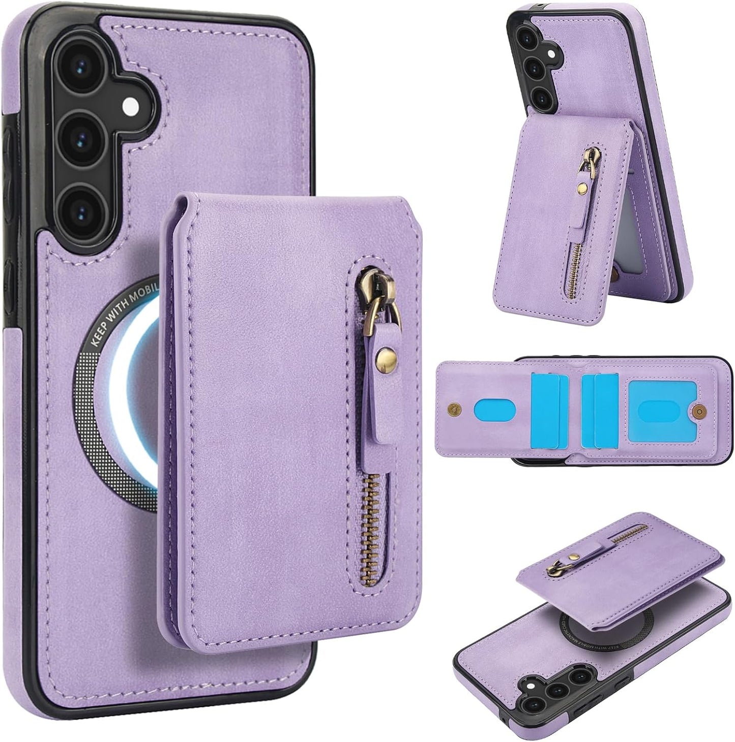 iTape Magnetic card holder phone case suitable for Samsung Galaxy S25+, zipper magnetic split magnetic wallet with adjustable bracket Pink