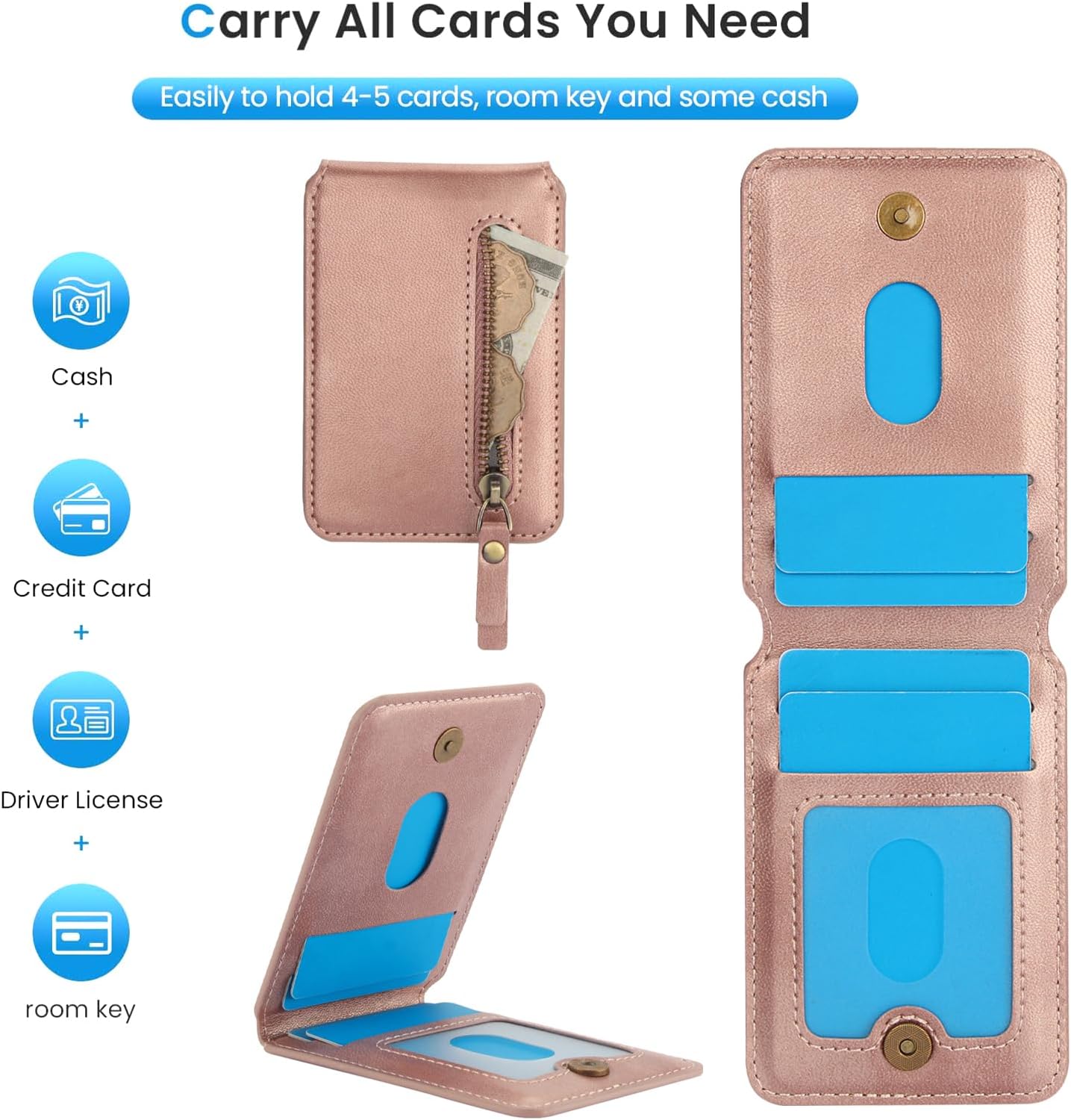 iTape Magnetic card holder phone case suitable for Samsung Galaxy S25+, zipper magnetic split magnetic wallet with adjustable bracket Pink