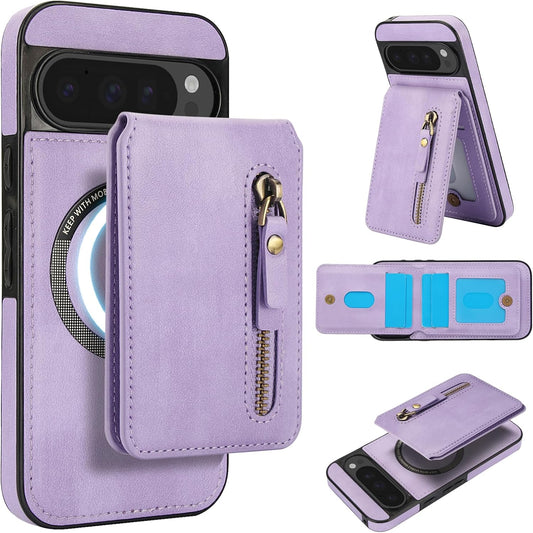 iTape Magnetic card holder phone case suitable for Google Pixel 9, zipper magnetic split magnetic wallet with adjustable bracket Purple