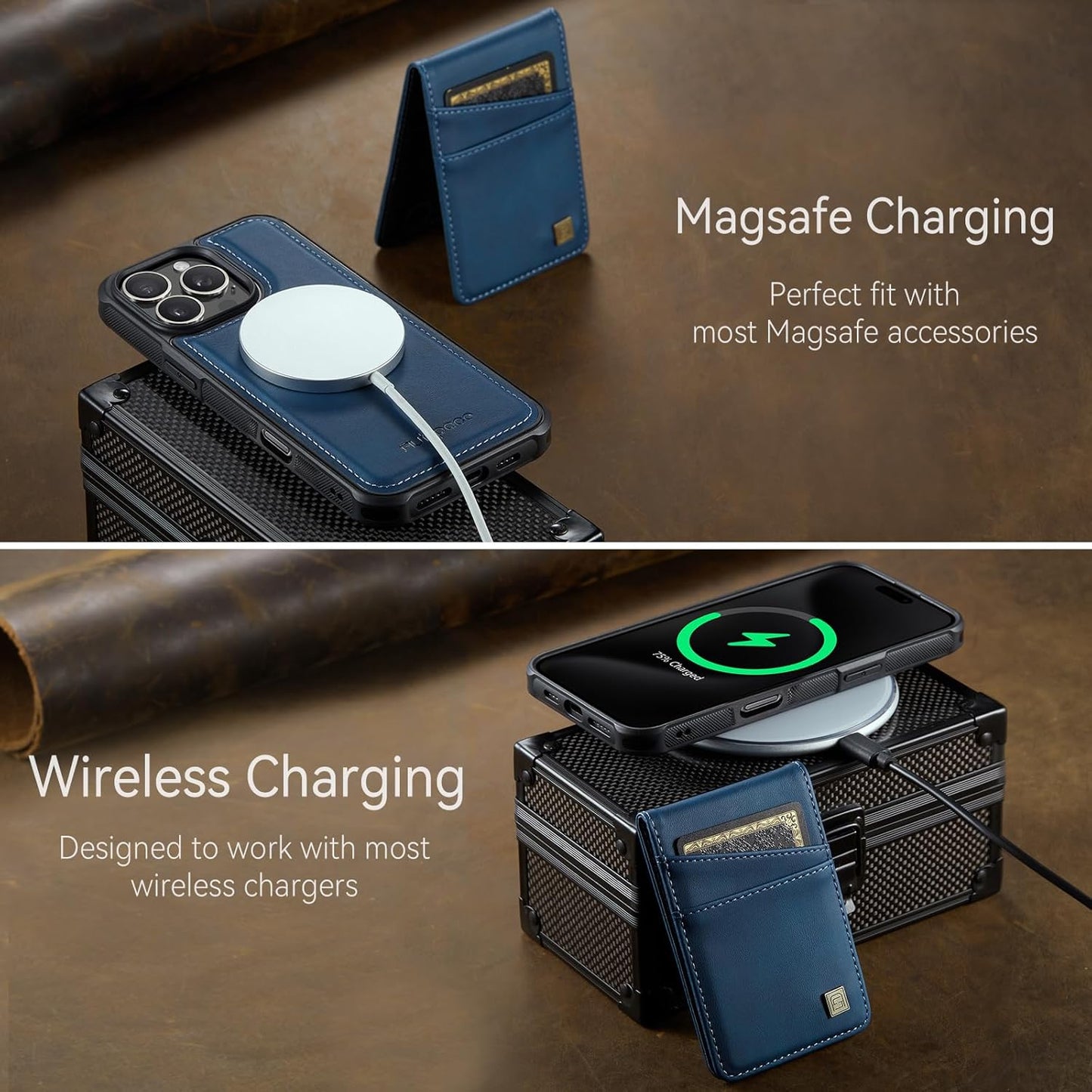 Up and down card holder mobile phone case suitable for iPhone 16 Pro, RFID (anti-theft), supports car magnetic suction function, card slot wallet holder Blue