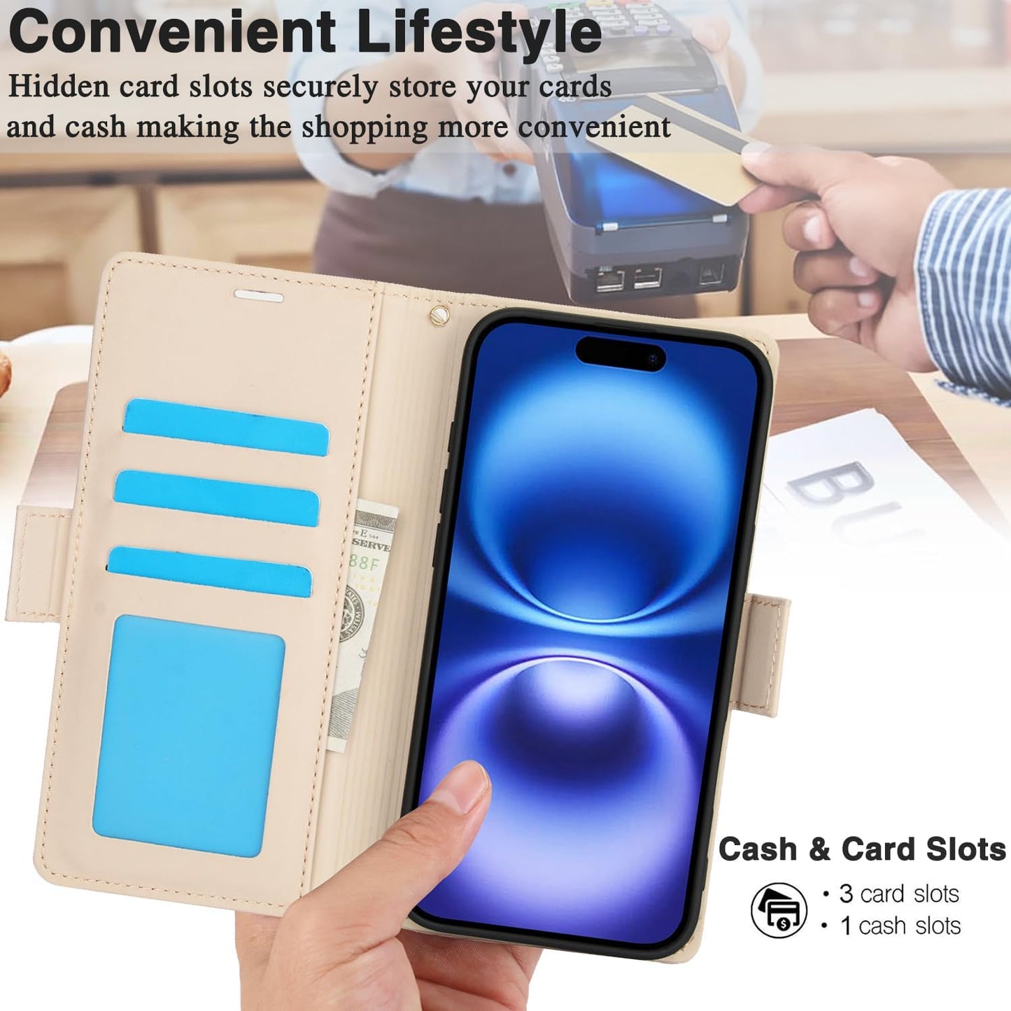Printed Wallet Phone Case for iPhone 16 Plus, RFID (Anti-Theft), Wallet Flip Stand with Wrist Strap for iPhone 16 Plus Rose Gold