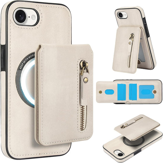 Magnetic card holder phone case suitable for iPhone 16E, zipper magnetic split magnetic wallet with adjustable bracket